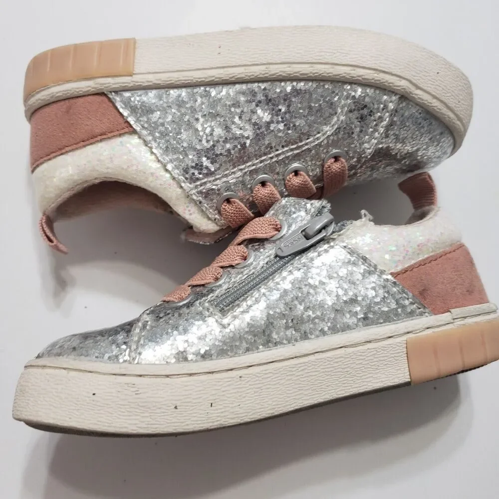 Zara Girl EU Size 23 Silver Side‎ Zipper Lace Up Low Top Shoes Sparkle Sequin